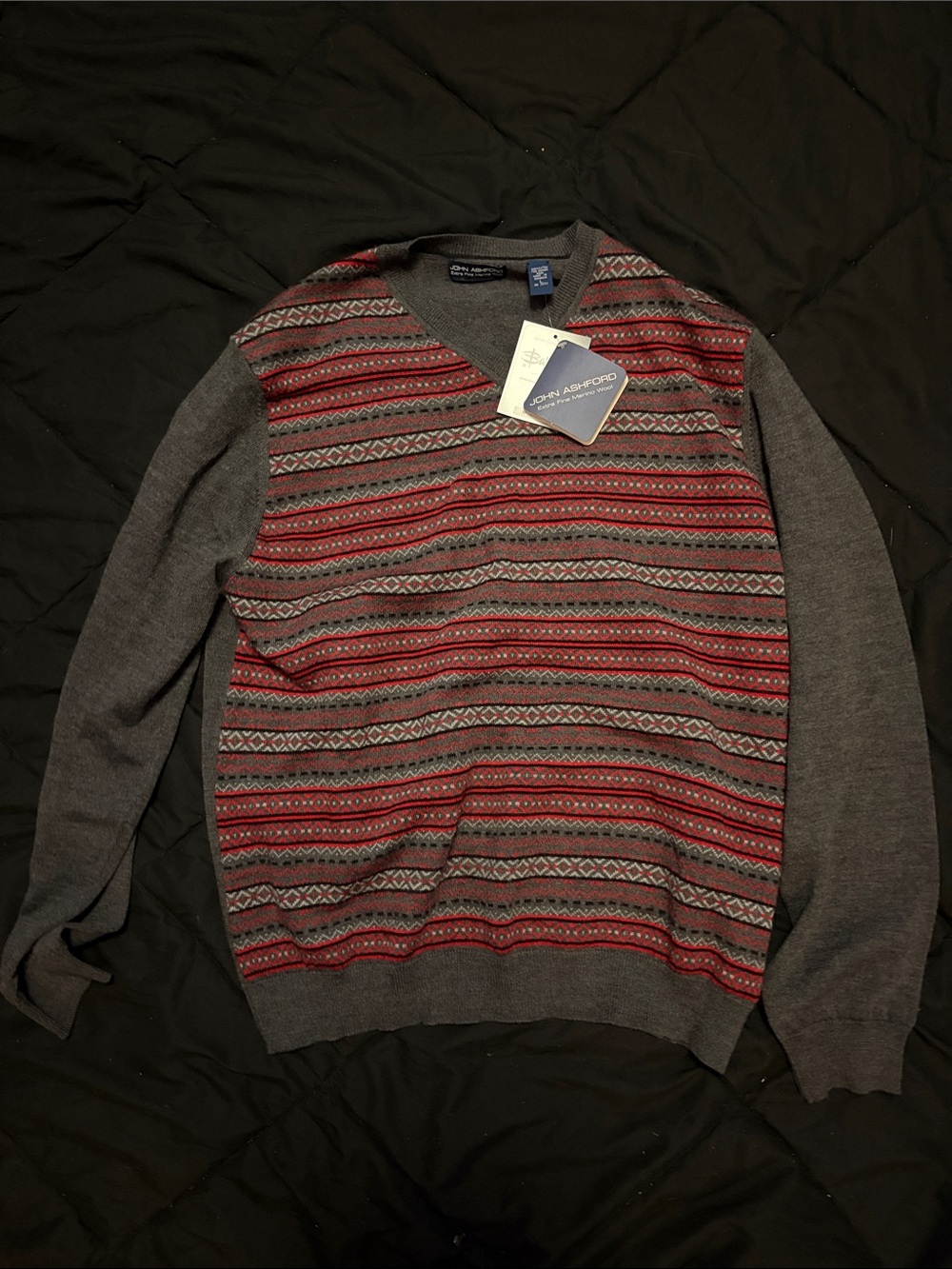John Ashford Men's V-Neck Fair Isle Sweater - Red & Gray